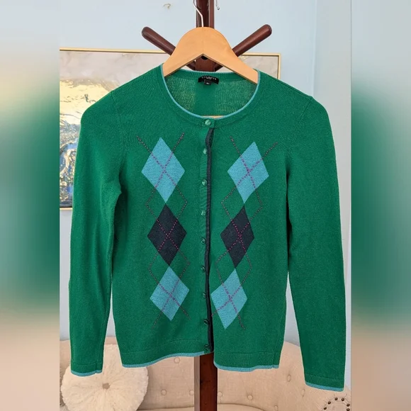 Talbot's Womans Green Cardigan Argyle 5% Cashmere Size SP - Picture 4 of 11